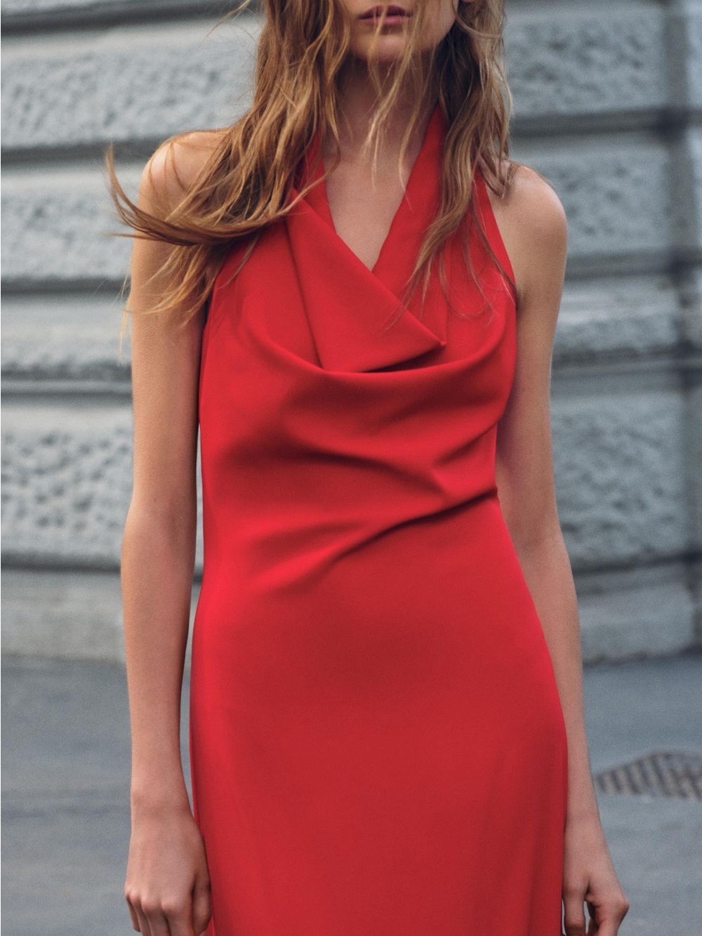 Zara Red Strapless Cowl Neck Dress